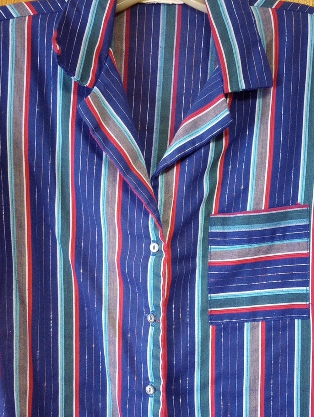 Ms. Paquette Colorful Vtg Cotton Striped Blouse. Blue Aqua Red Hunter Green Gray